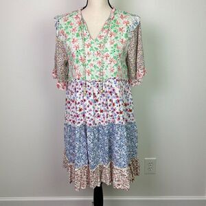 Camille & Co Women's Tiered Mixed Floral Baby Doll Dress Patchwork Cottagecore